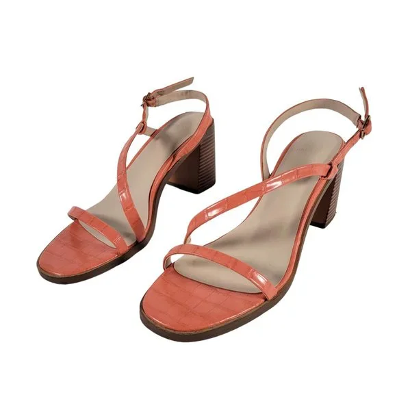 Halston Coral Vegan Leather Croc Pattern Strappy Sandal Block Heels Women Size 9 - Picture 2 of 11